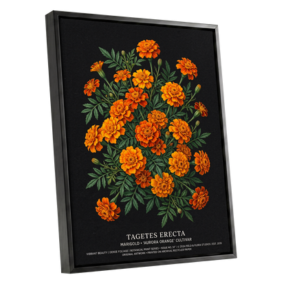 Marigolds After Dark, black, green, orange floral wall art shown as a black framed canvas wall art