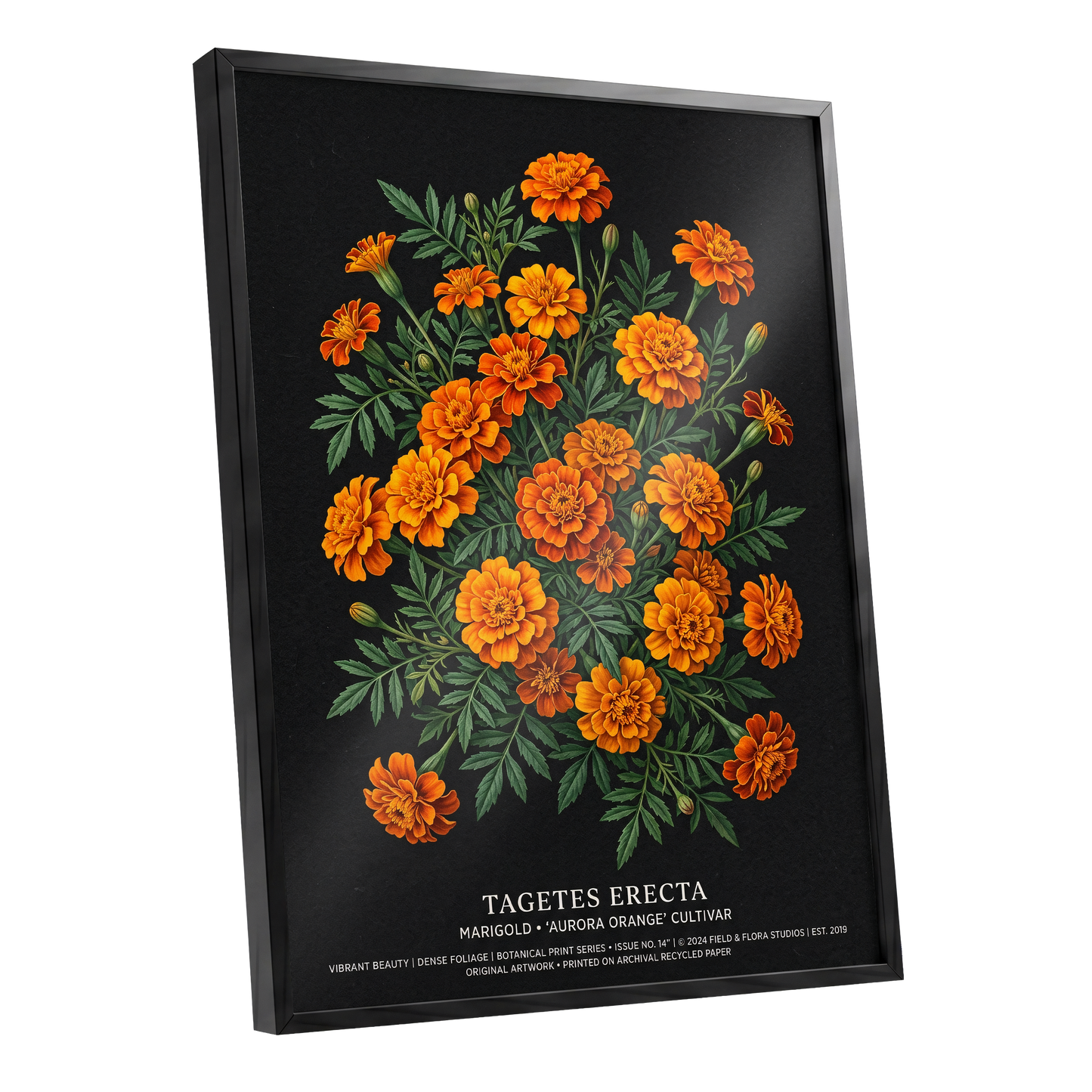 Marigolds After Dark, black, green, orange floral wall art shown as a black framed poster wall art print