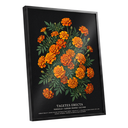 Marigolds After Dark, black, green, orange floral wall art shown as a black framed poster wall art print