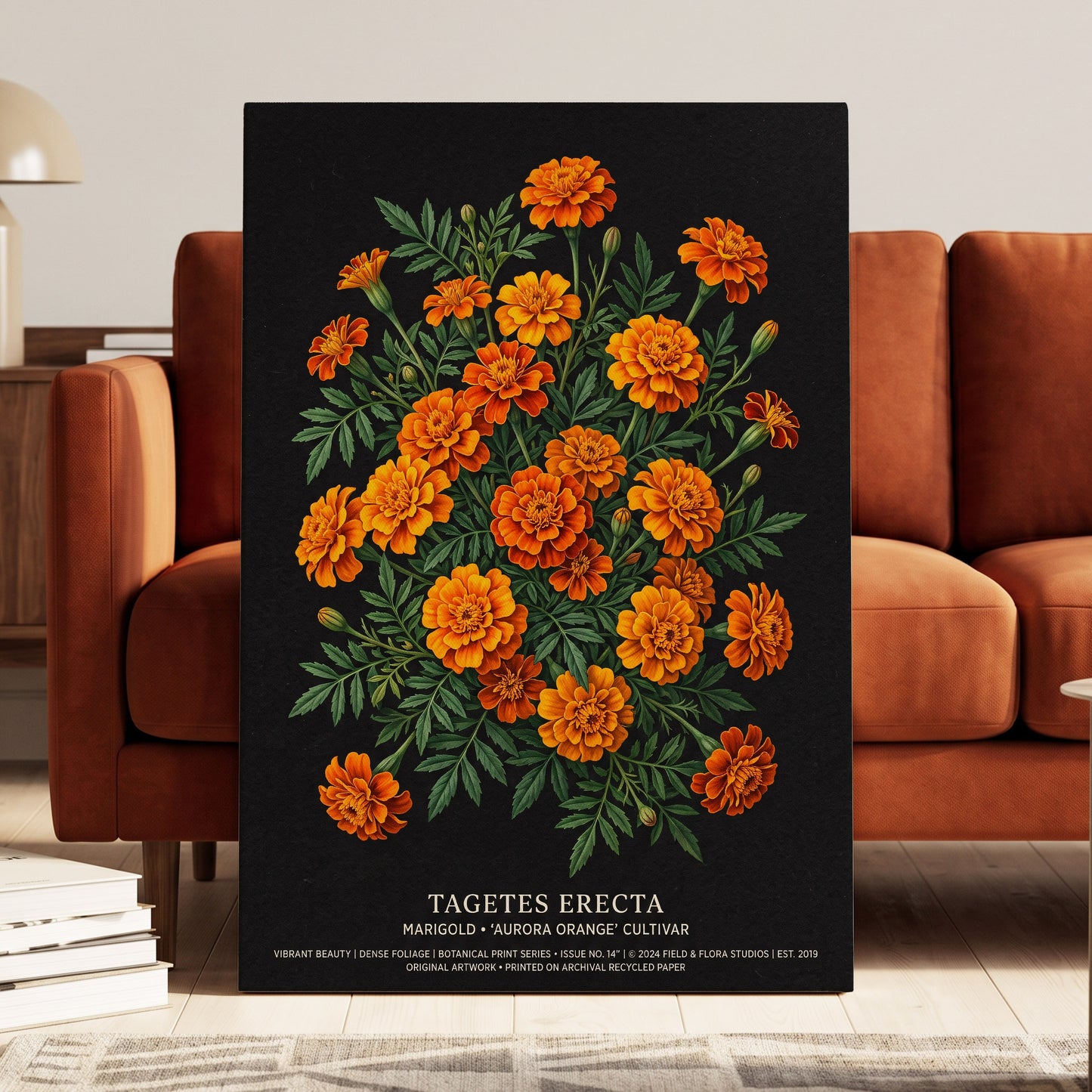 Marigolds After Dark, black, green, orange floral wall art on canvas displayed in a styled interior, gallery view 1