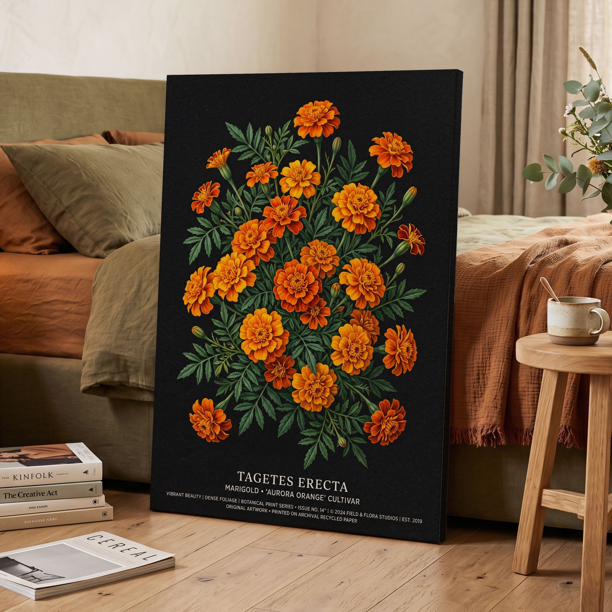 Marigolds After Dark, black, green, orange floral wall art on canvas displayed in a styled interior, gallery view 2