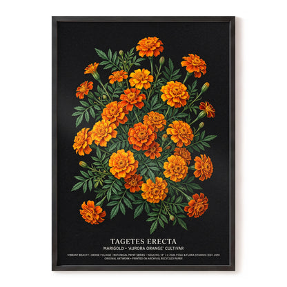 Marigolds After Dark, black, green, orange floral wall art, front artwork view