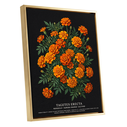 Marigolds After Dark, black, green, orange floral wall art shown as a gold framed canvas wall art