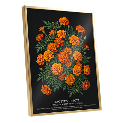 Marigolds After Dark, black, green, orange floral wall art shown as a gold framed poster wall art print