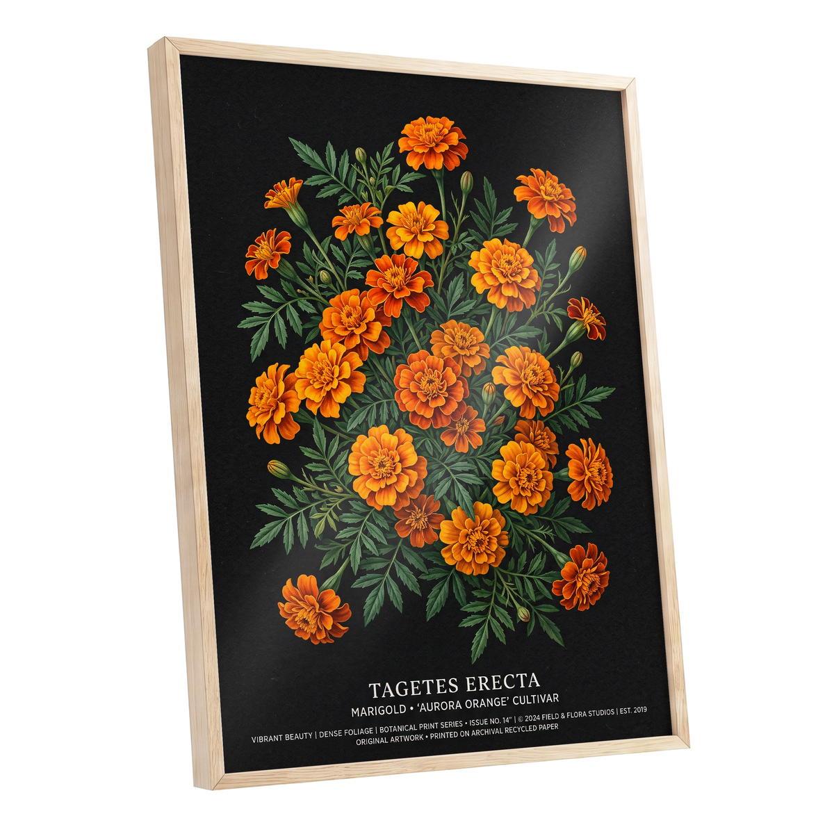 Marigolds After Dark, black, green, orange floral wall art shown as a oak framed poster wall art print
