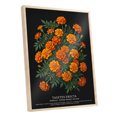 Marigolds After Dark, black, green, orange floral wall art shown as a oak framed poster wall art print