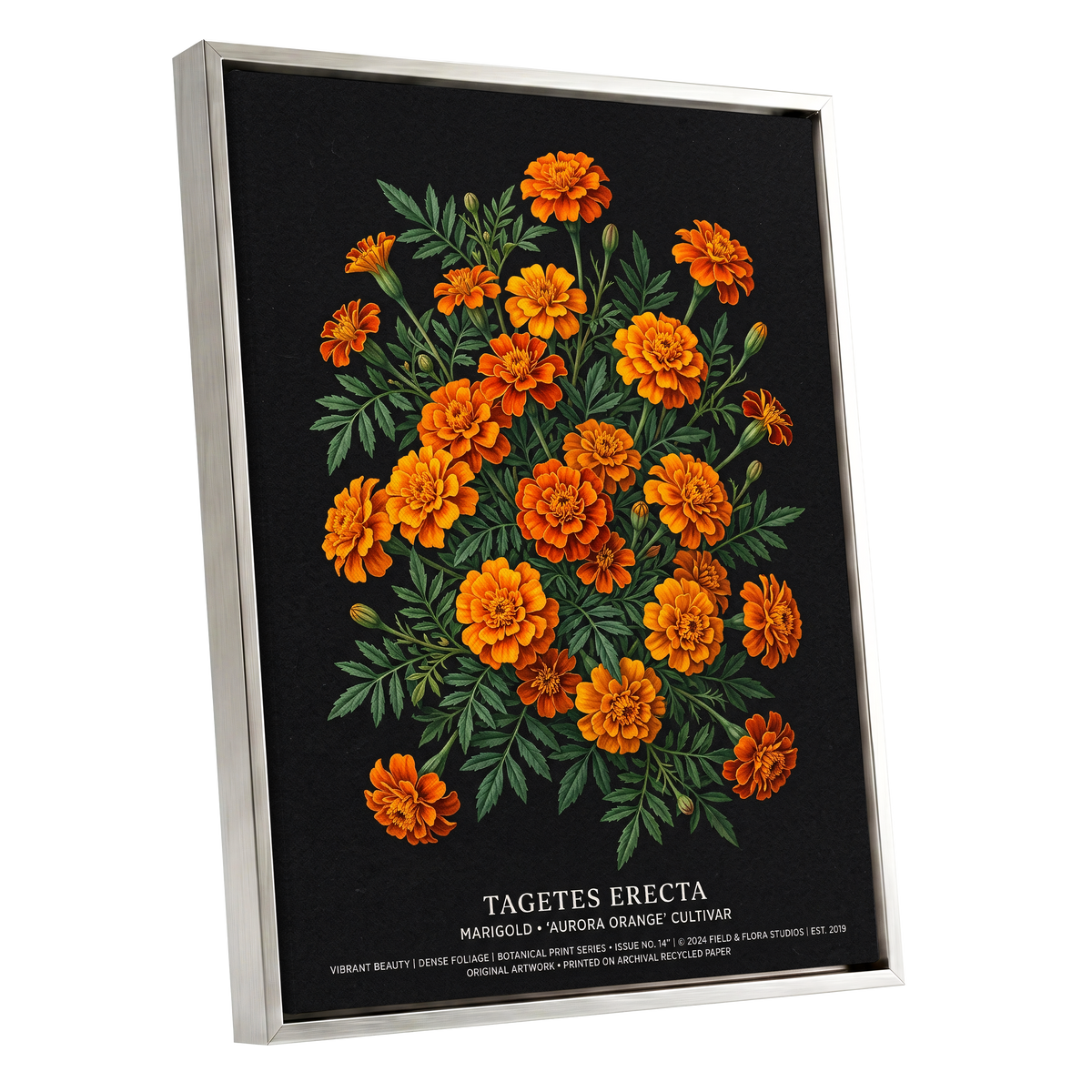 Marigolds After Dark, black, green, orange floral wall art shown as a silver framed canvas wall art