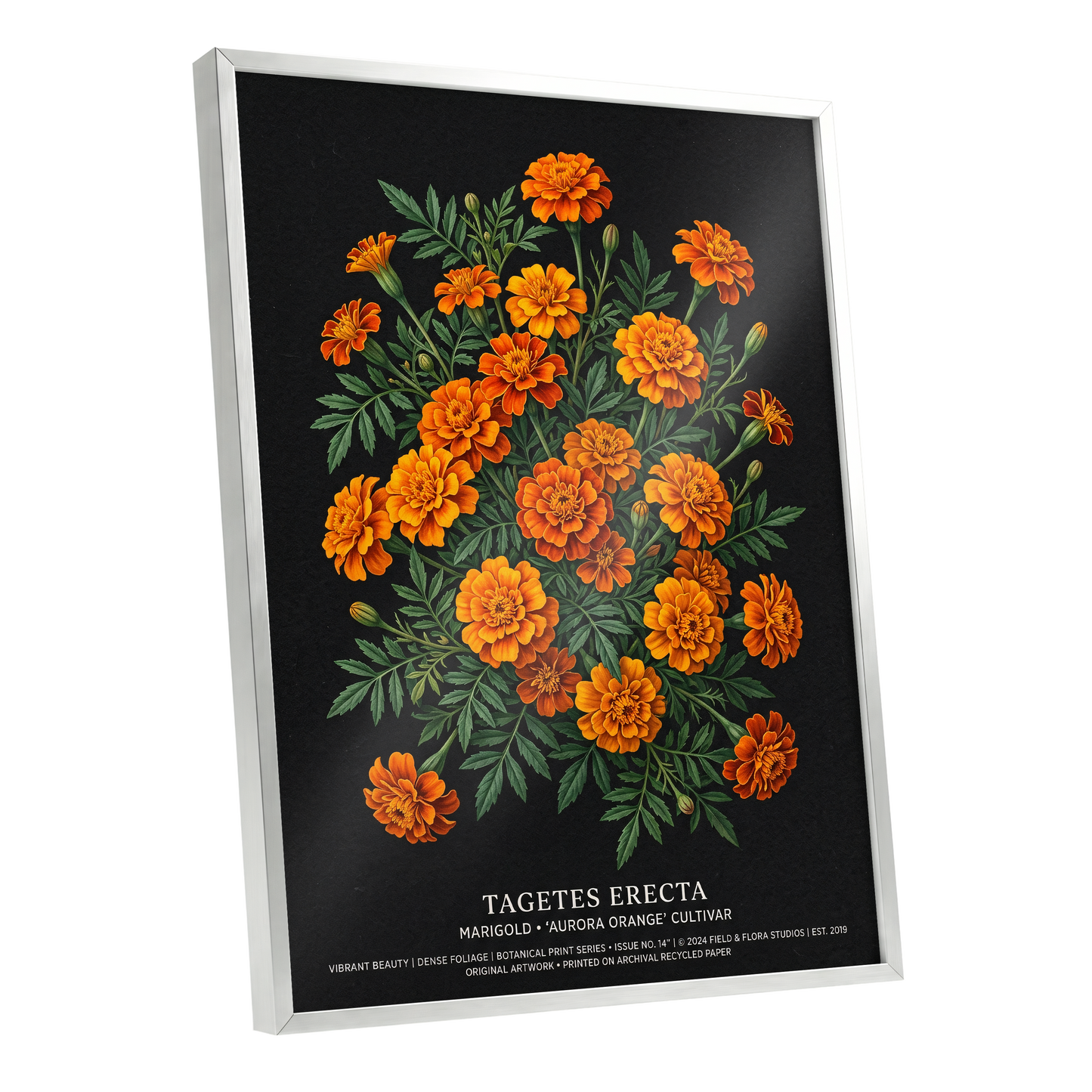 Marigolds After Dark, black, green, orange floral wall art shown as a silver framed poster wall art print