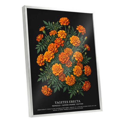 Marigolds After Dark, black, green, orange floral wall art shown as a silver framed poster wall art print