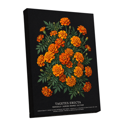 Marigolds After Dark, black, green, orange floral wall art shown as a stretched canvas wall art
