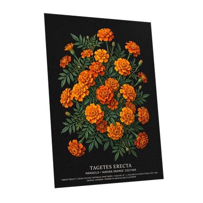 Marigolds After Dark, black, green, orange floral wall art shown as a unframed poster wall art print