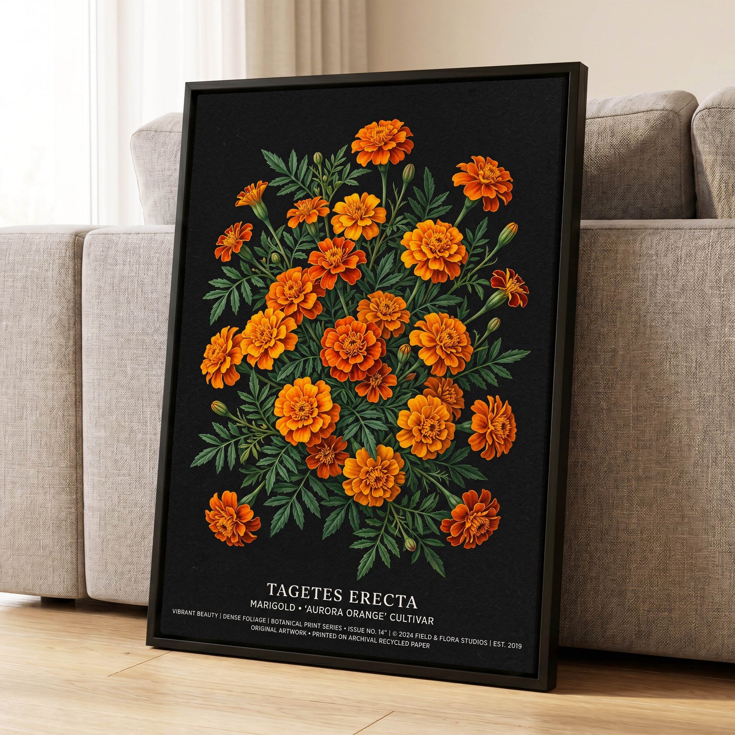 Marigolds After Dark, black, green, orange floral wall art displayed in a styled interior, gallery view 1