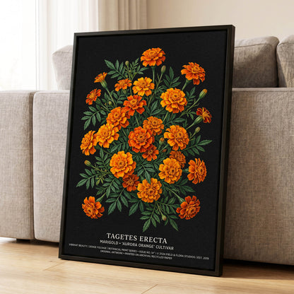 Marigolds After Dark, black, green, orange floral wall art displayed in a styled interior, gallery view 1