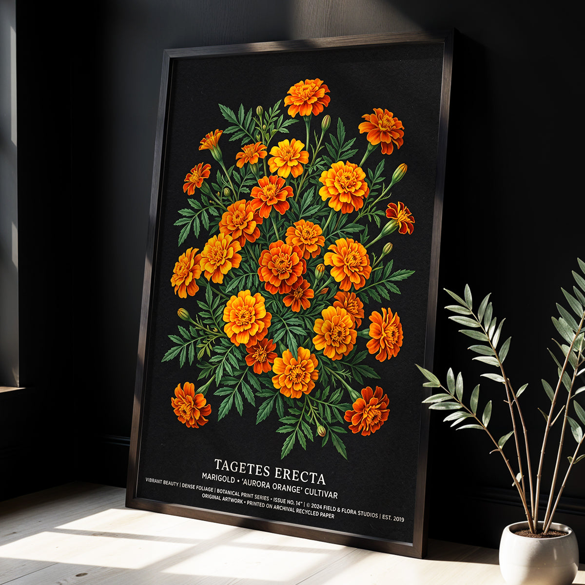 Marigolds After Dark, black, green, orange floral wall art displayed in a styled interior, gallery view 2