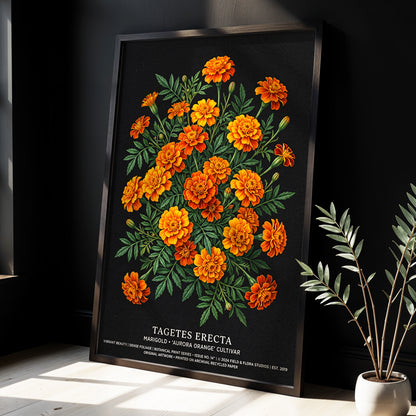 Marigolds After Dark, black, green, orange floral wall art displayed in a styled interior, gallery view 2