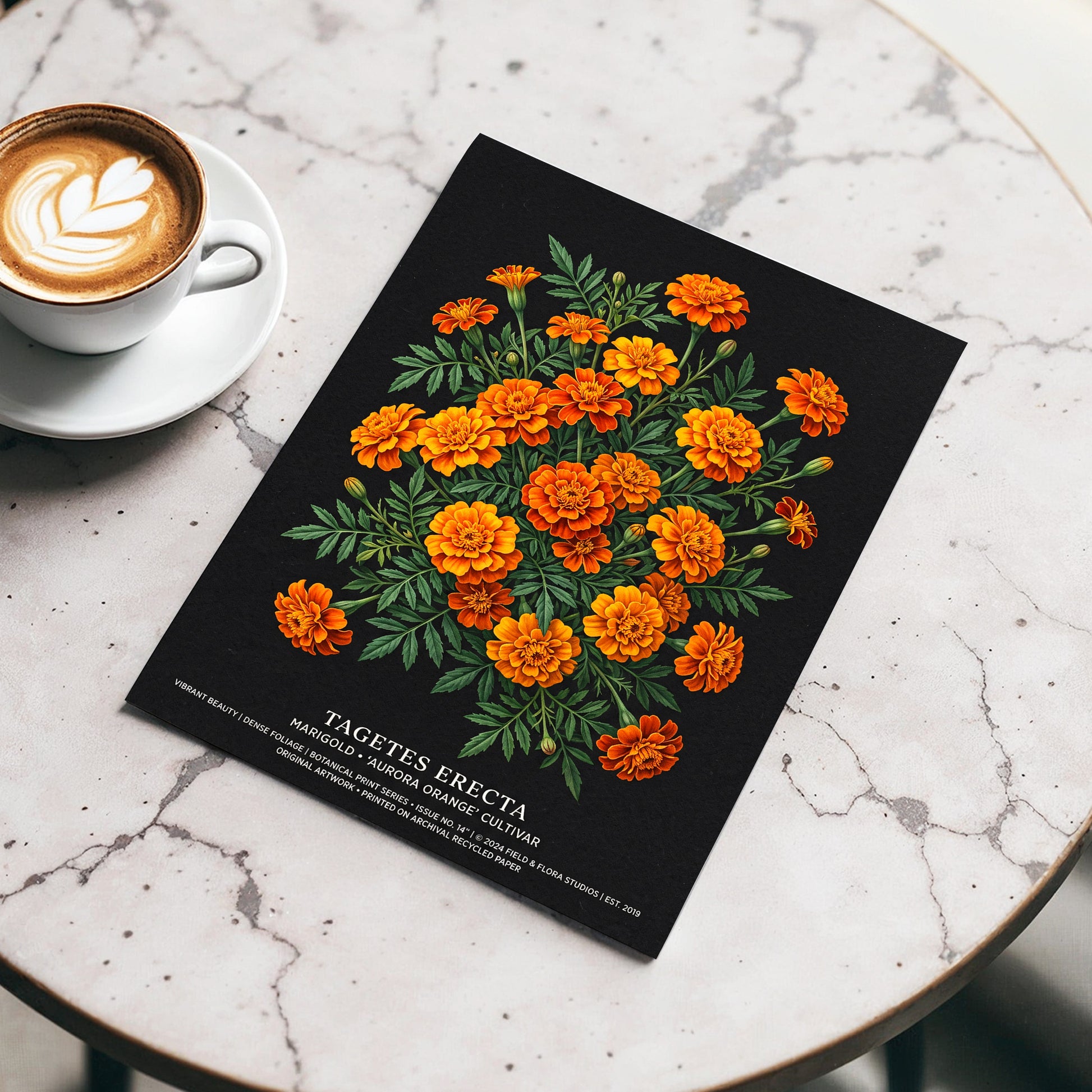 Marigolds After Dark, black, green, orange floral wall art displayed in a styled interior, gallery view 3