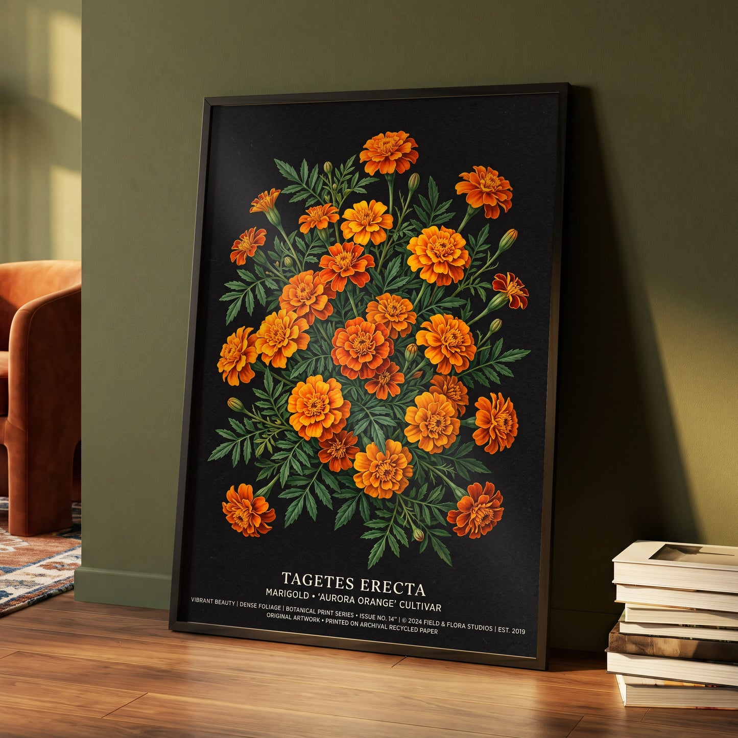 Marigolds After Dark, black, green, orange floral wall art displayed in a styled interior, gallery view 4