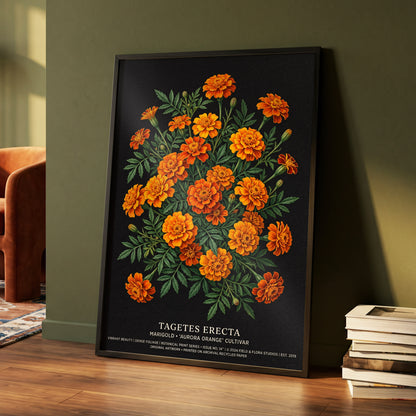 Marigolds After Dark, black, green, orange floral wall art displayed in a styled interior, gallery view 4