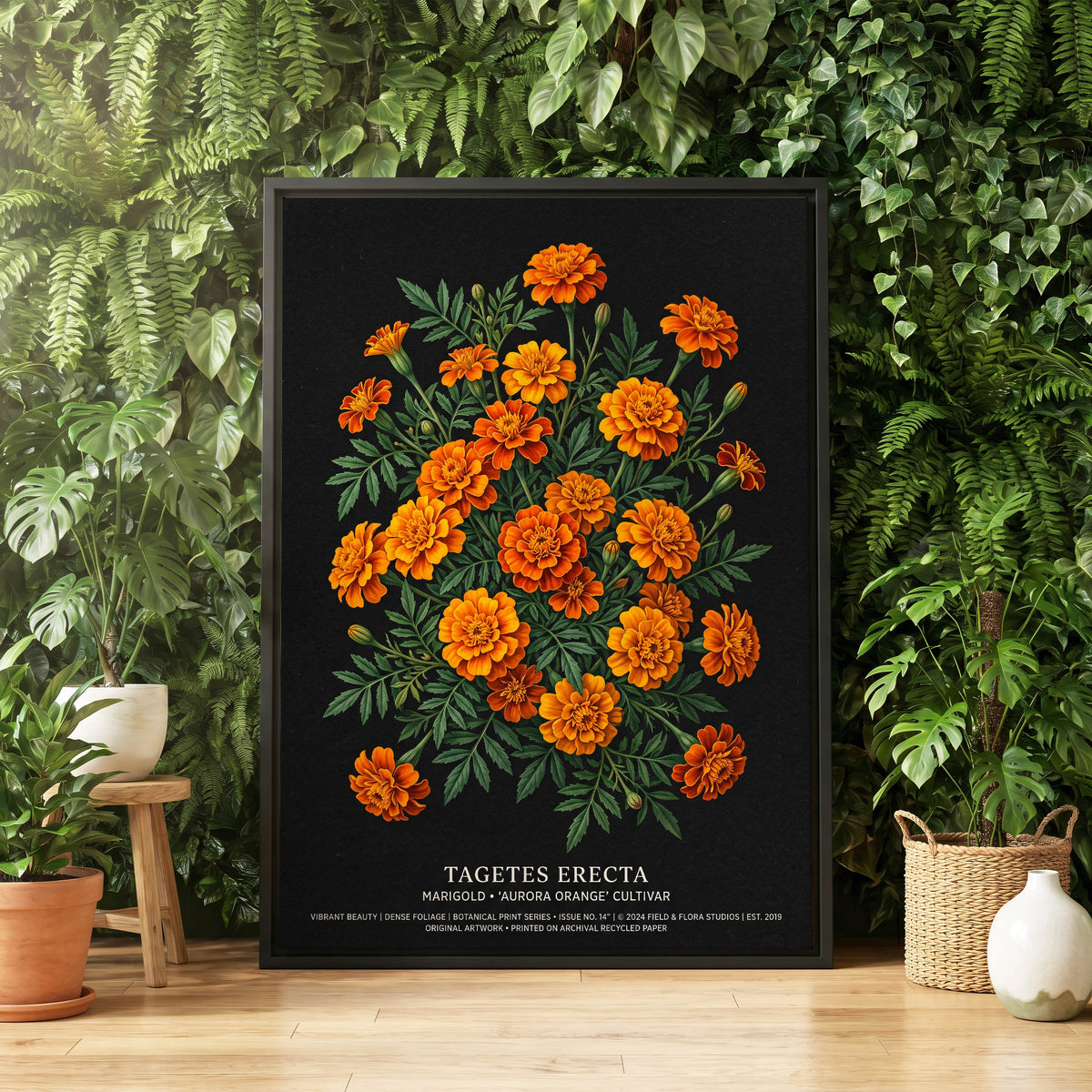 Marigolds After Dark, black, green, orange floral wall art displayed in a styled interior, gallery view 5