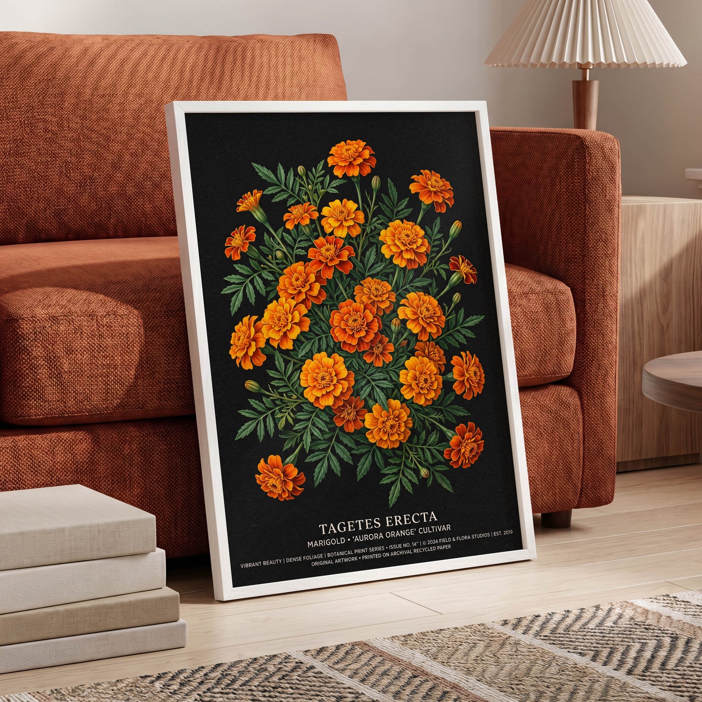 Marigolds After Dark, black, green, orange floral wall art displayed in a styled interior, gallery view 6
