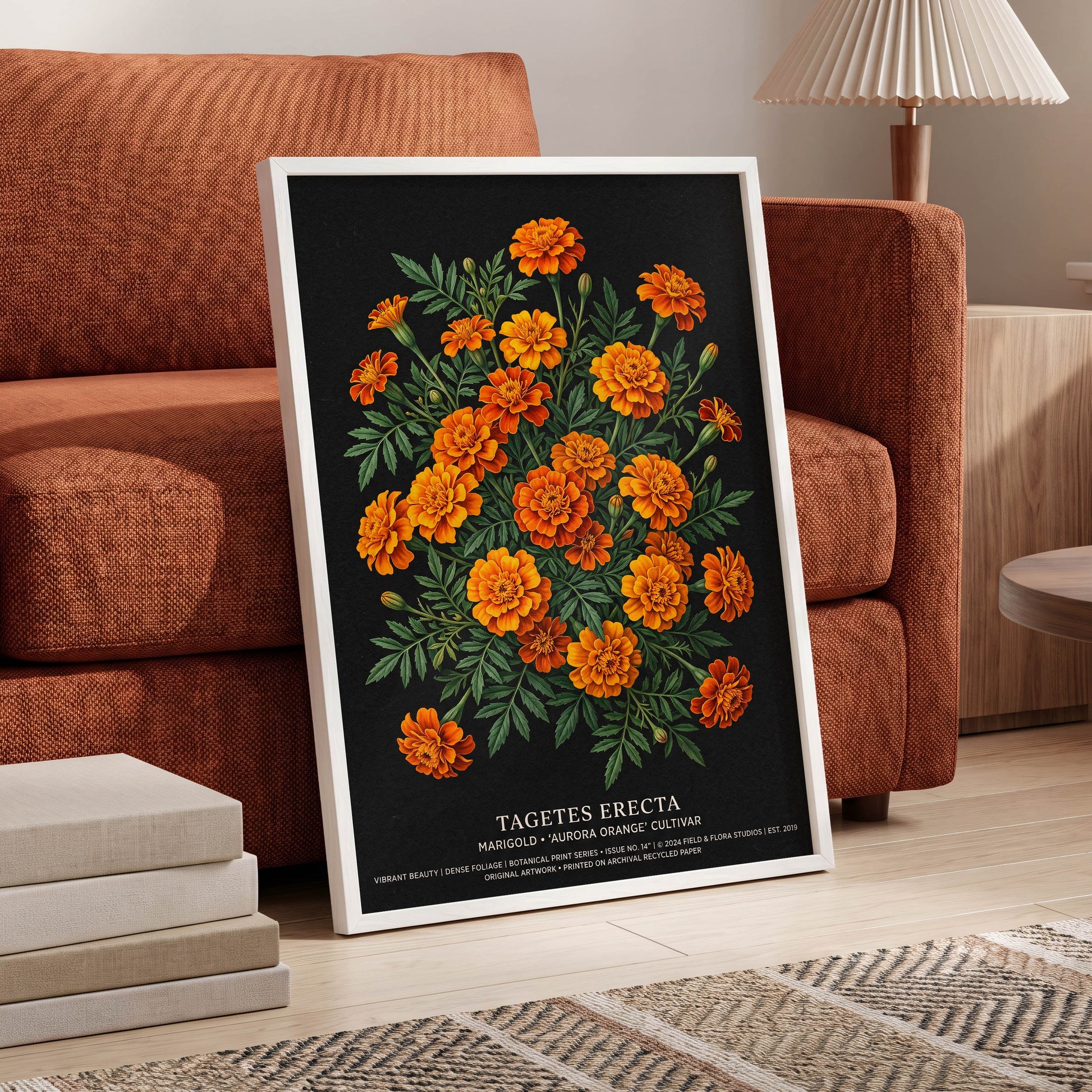 Marigolds After Dark, black, green, orange floral wall art displayed in a styled interior, gallery view 6