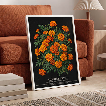 Marigolds After Dark, black, green, orange floral wall art displayed in a styled interior, gallery view 6
