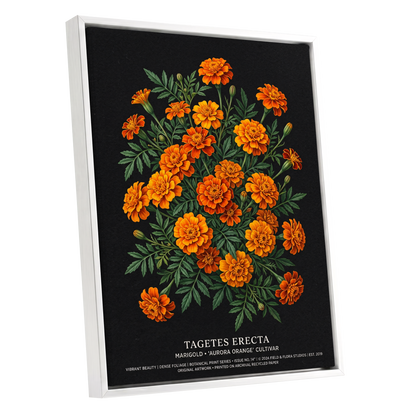 Marigolds After Dark, black, green, orange floral wall art shown as a white framed canvas wall art