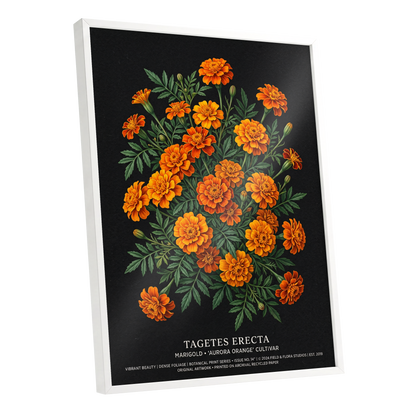 Marigolds After Dark, black, green, orange floral wall art shown as a white framed poster wall art print