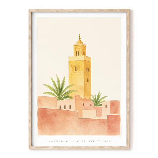 Marrakech Minaret, beige, orange, green minimalist wall art, front artwork view