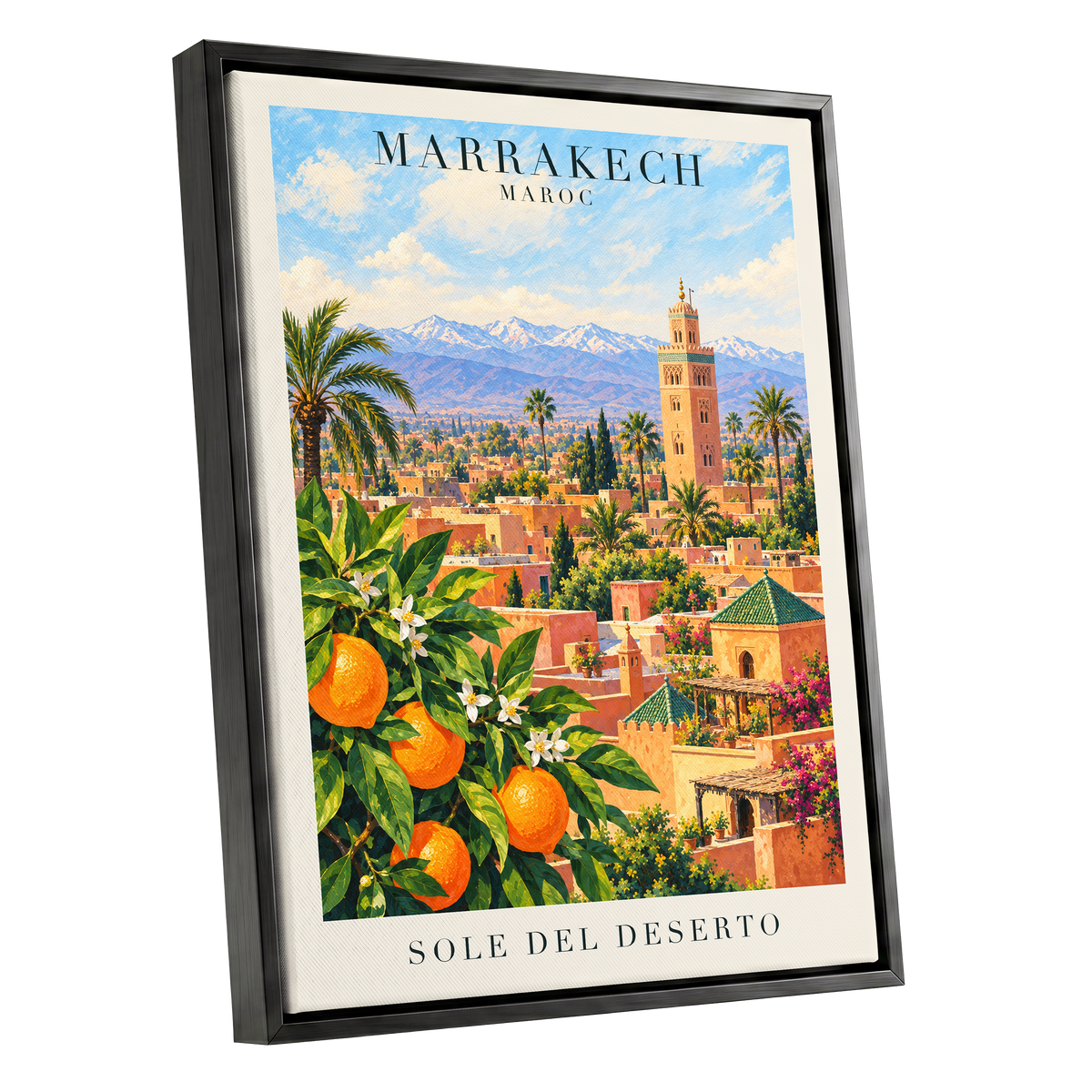Marrakech Orange Glow, orange, green, blue abstract wall art shown as a black framed canvas wall art