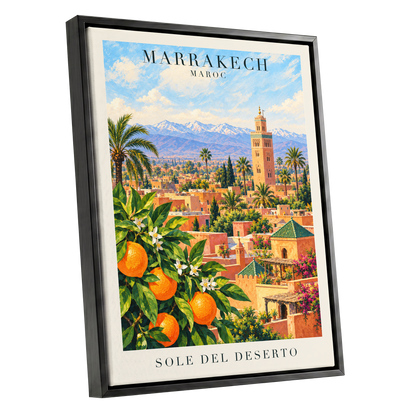 Marrakech Orange Glow, orange, green, blue abstract wall art shown as a black framed canvas wall art