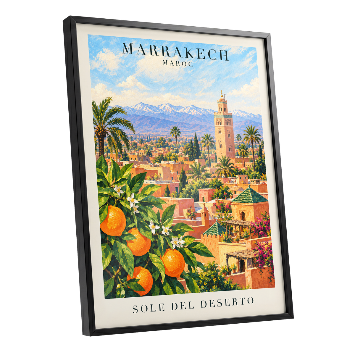 Marrakech Orange Glow, orange, green, blue abstract wall art shown as a black framed poster wall art print