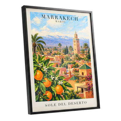 Marrakech Orange Glow, orange, green, blue abstract wall art shown as a black framed poster wall art print