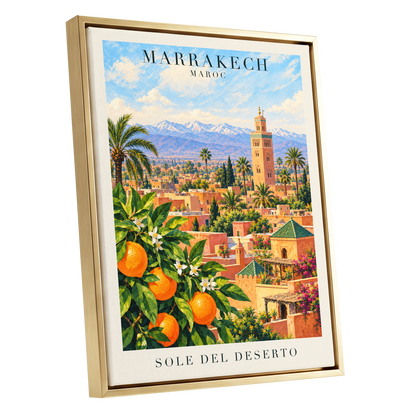 Marrakech Orange Glow, orange, green, blue abstract wall art shown as a gold framed canvas wall art