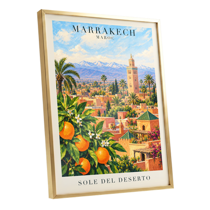 Marrakech Orange Glow, orange, green, blue abstract wall art shown as a gold framed poster wall art print