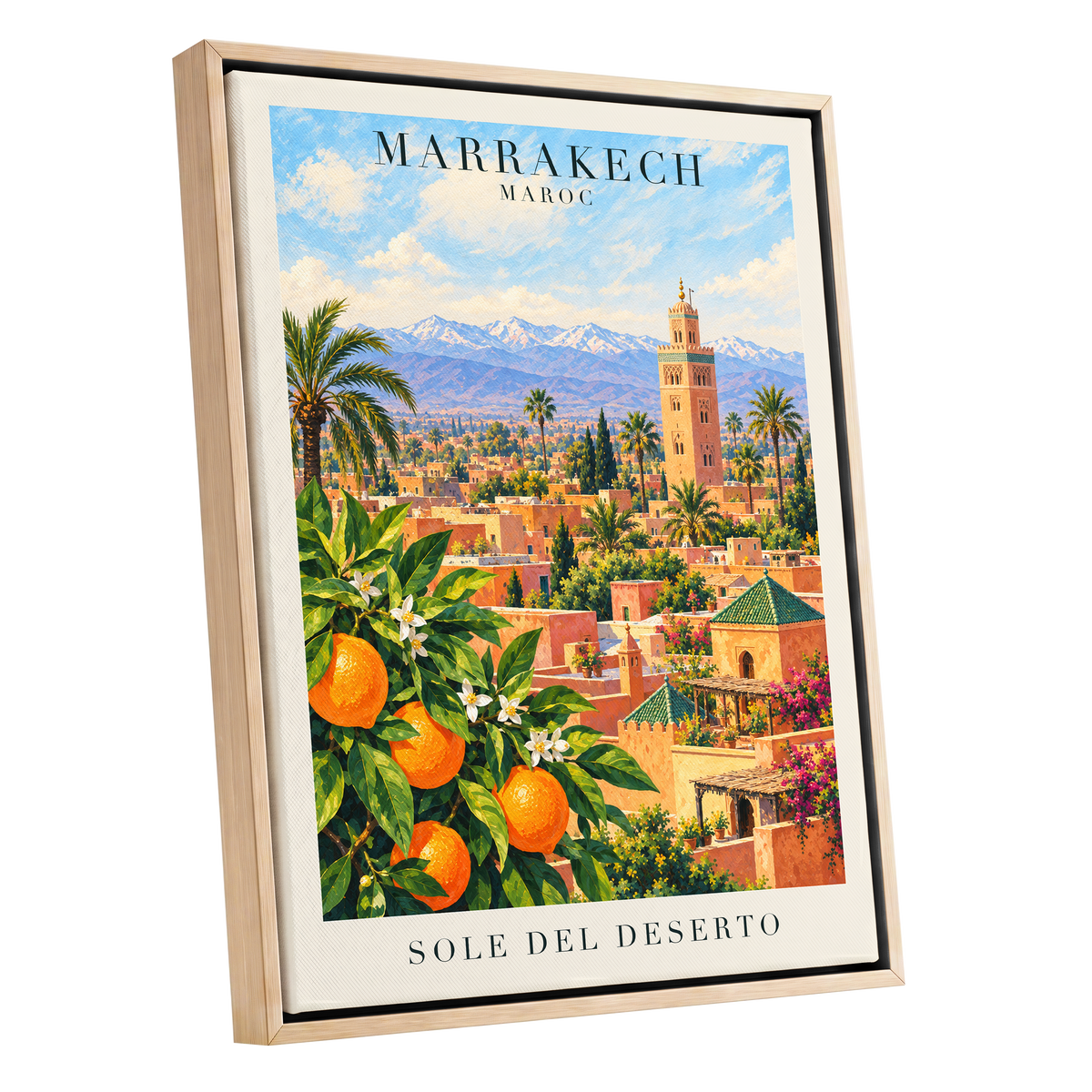 Marrakech Orange Glow, orange, green, blue abstract wall art shown as a oak framed canvas wall art