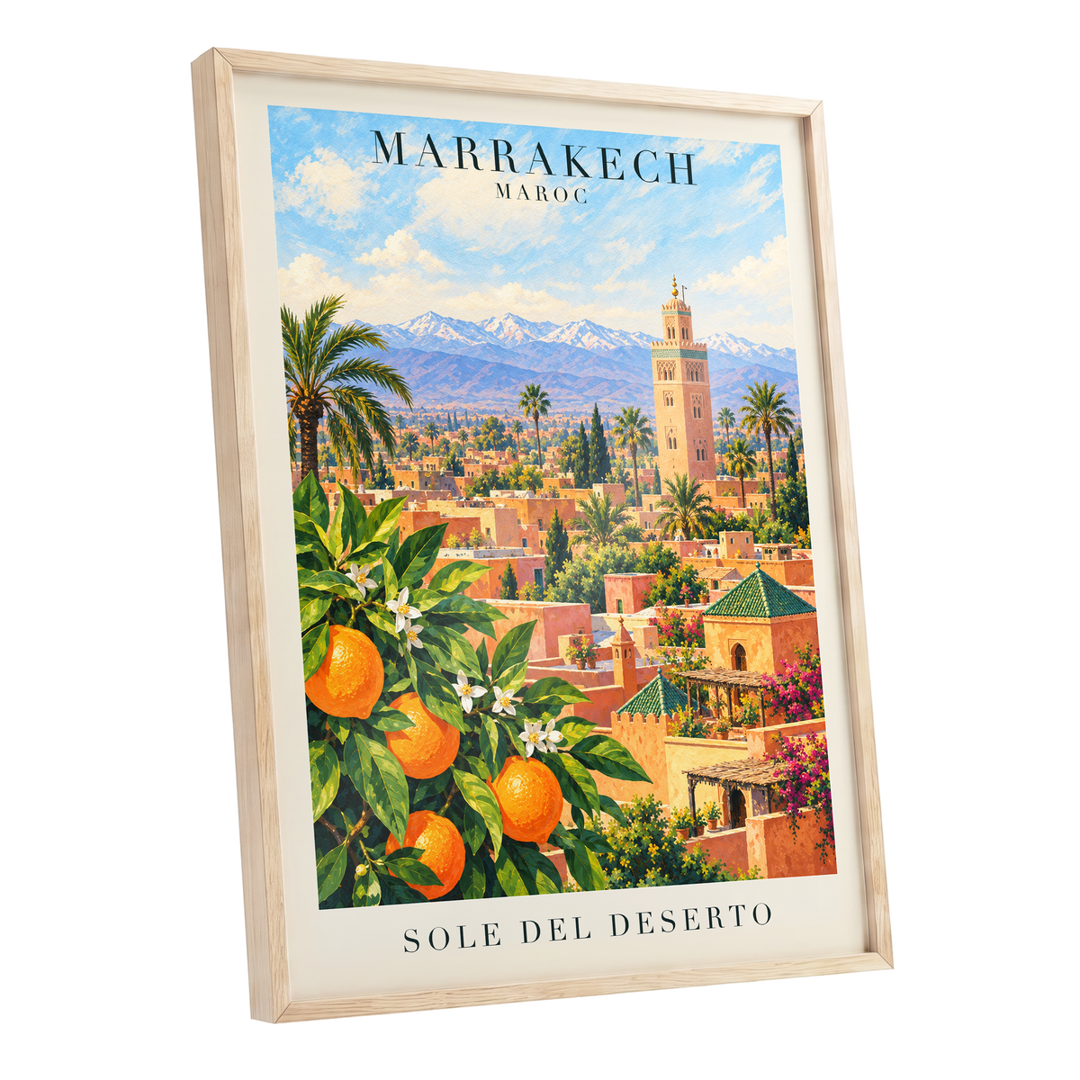 Marrakech Orange Glow, orange, green, blue abstract wall art shown as a oak framed poster wall art print
