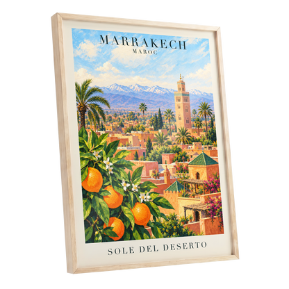 Marrakech Orange Glow, orange, green, blue abstract wall art shown as a oak framed poster wall art print