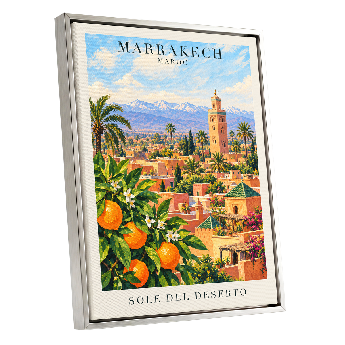 Marrakech Orange Glow, orange, green, blue abstract wall art shown as a silver framed canvas wall art