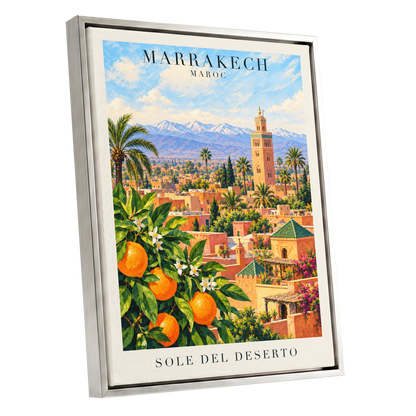 Marrakech Orange Glow, orange, green, blue abstract wall art shown as a silver framed canvas wall art