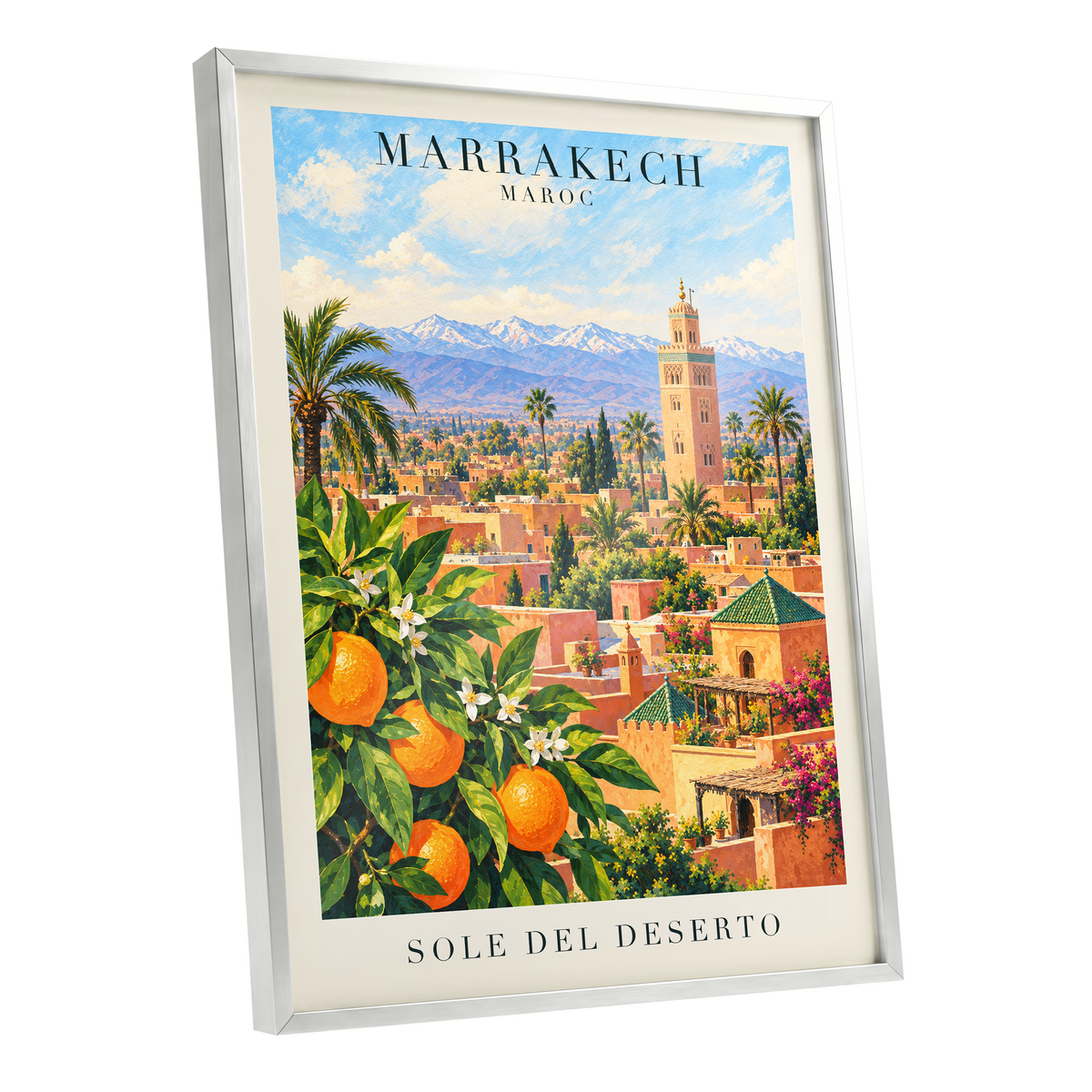 Marrakech Orange Glow, orange, green, blue abstract wall art shown as a silver framed poster wall art print