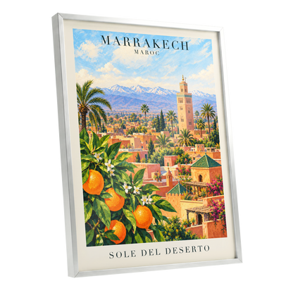 Marrakech Orange Glow, orange, green, blue abstract wall art shown as a silver framed poster wall art print