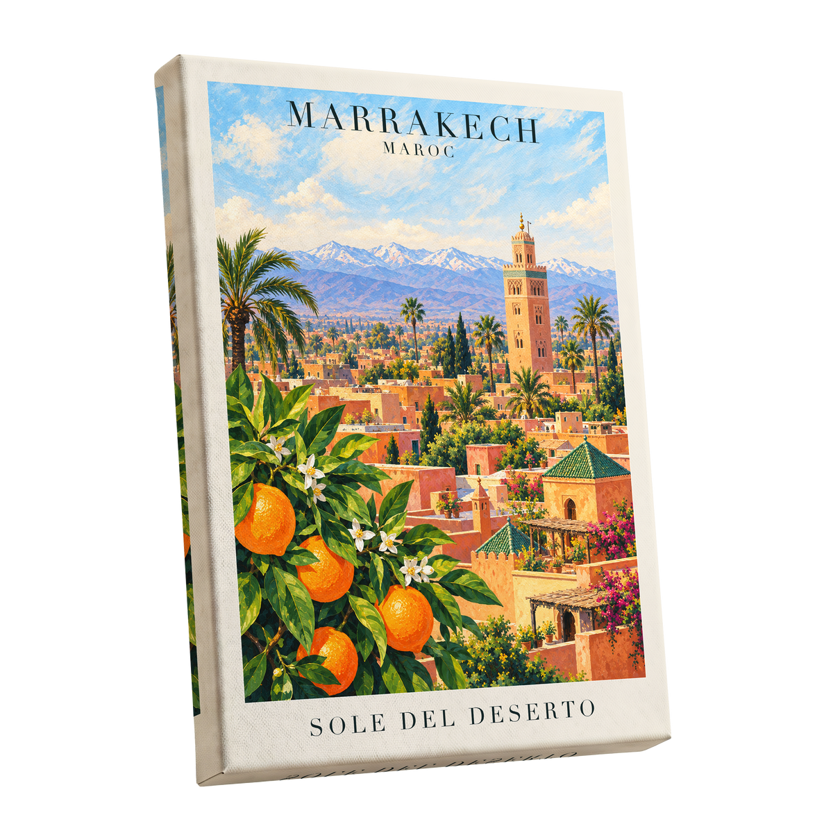 Marrakech Orange Glow, orange, green, blue abstract wall art shown as a stretched canvas wall art