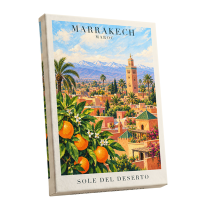 Marrakech Orange Glow, orange, green, blue abstract wall art shown as a stretched canvas wall art