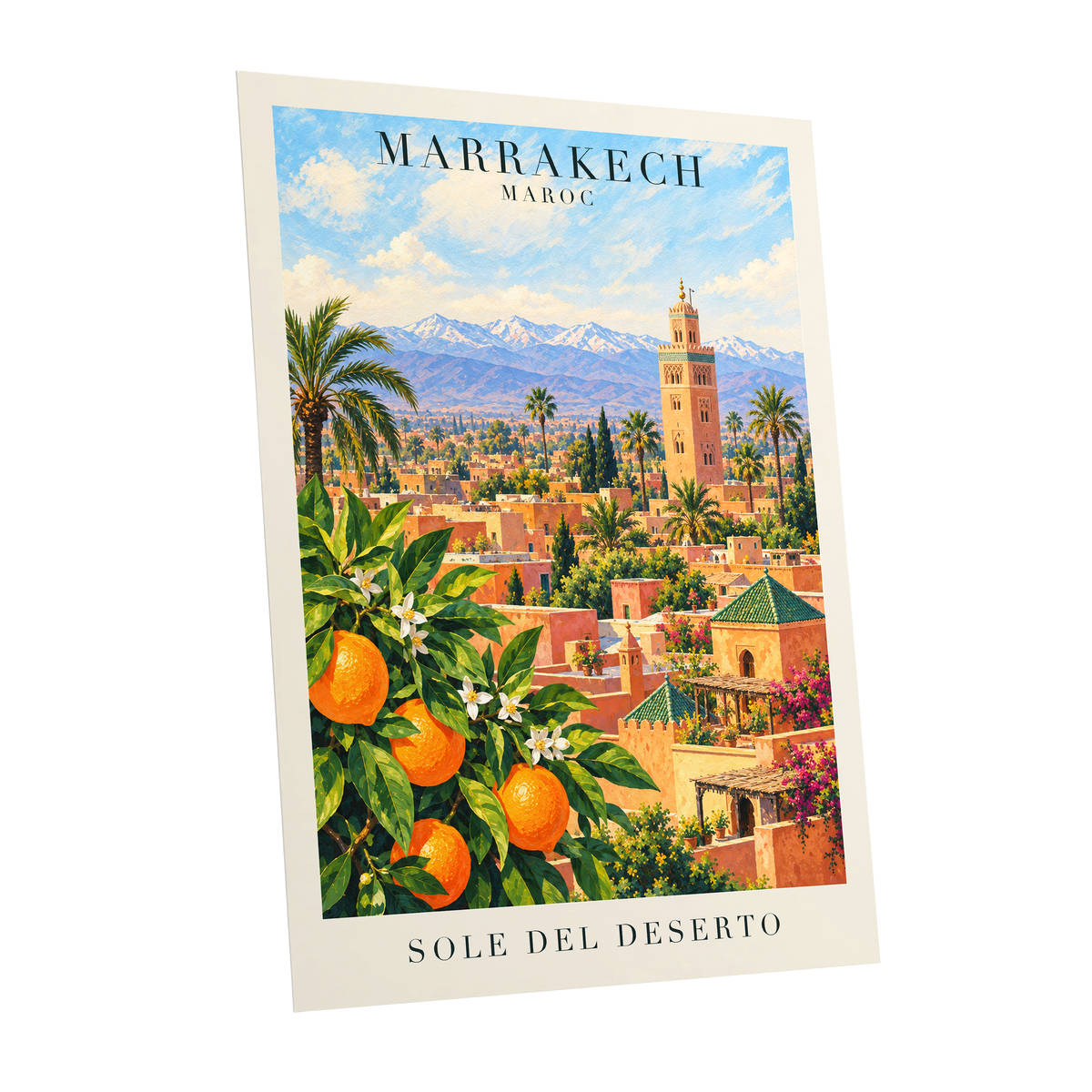Marrakech Orange Glow, orange, green, blue abstract wall art shown as a unframed poster wall art print
