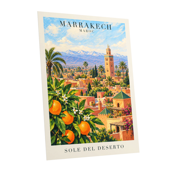 Marrakech Orange Glow, orange, green, blue abstract wall art shown as a unframed poster wall art print
