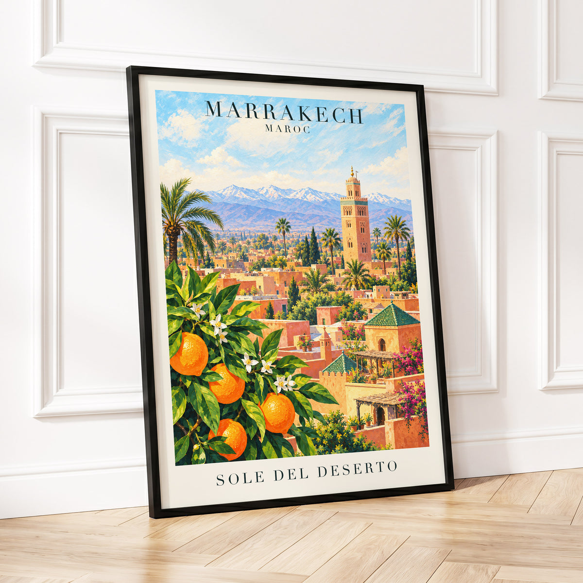 Marrakech Orange Glow, orange, green, blue abstract wall art displayed in a styled interior, gallery view 2