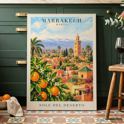 Marrakech Orange Glow, orange, green, blue abstract wall art displayed in a styled interior, gallery view 3