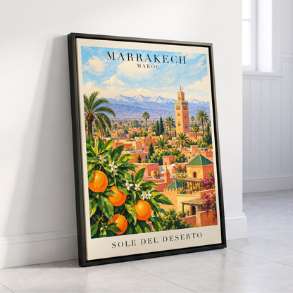 Marrakech Orange Glow, orange, green, blue abstract wall art displayed in a styled interior, gallery view 4