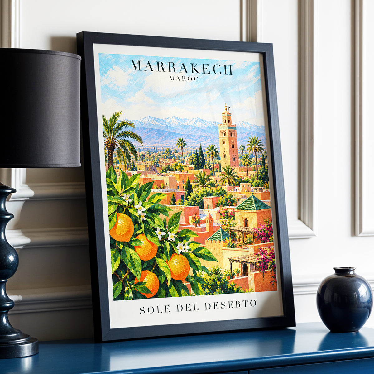 Marrakech Orange Glow, orange, green, blue abstract wall art displayed in a styled interior, gallery view 6